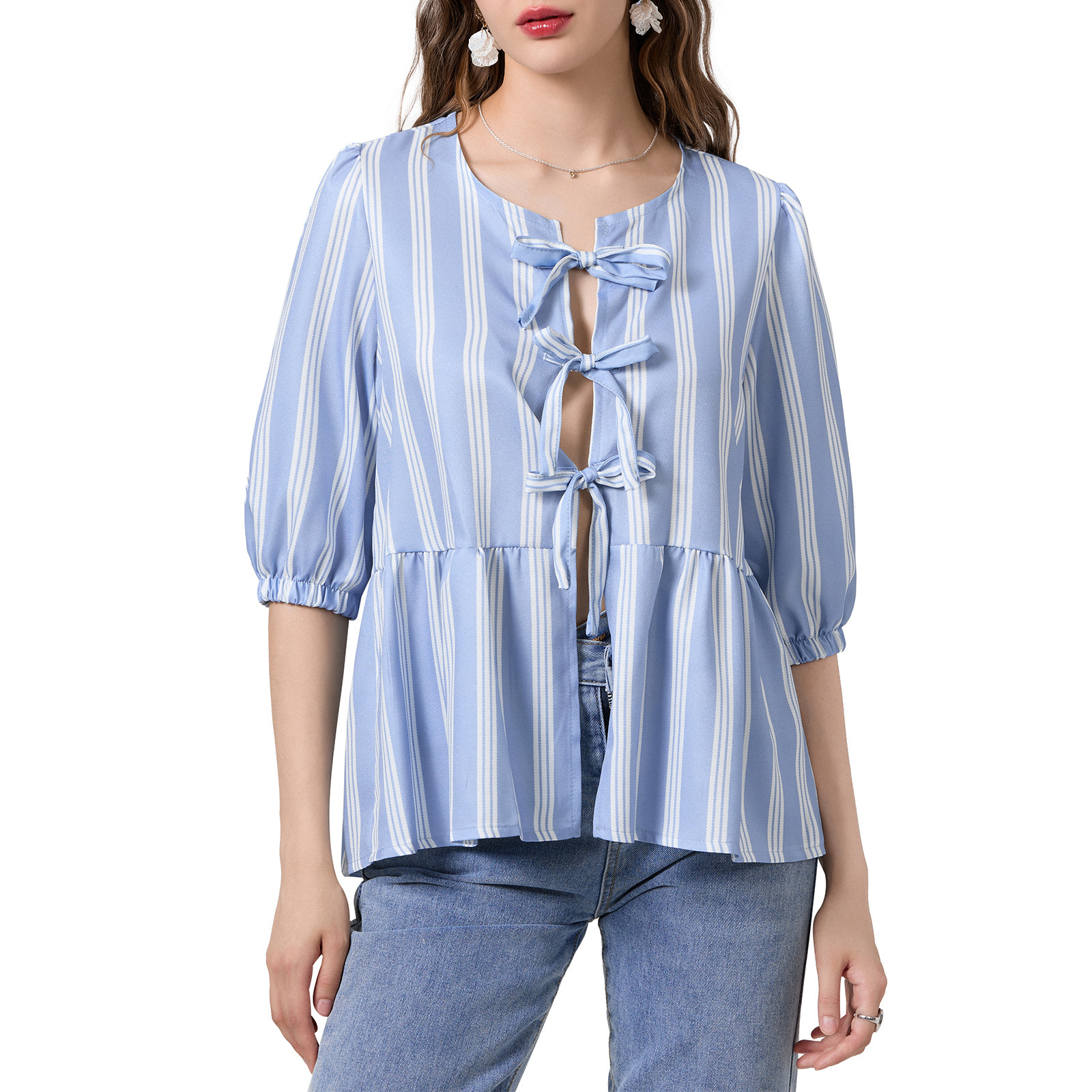 Women s Cute Tie Front Blouse 3 4 Sleeve Striped Peplum Tops