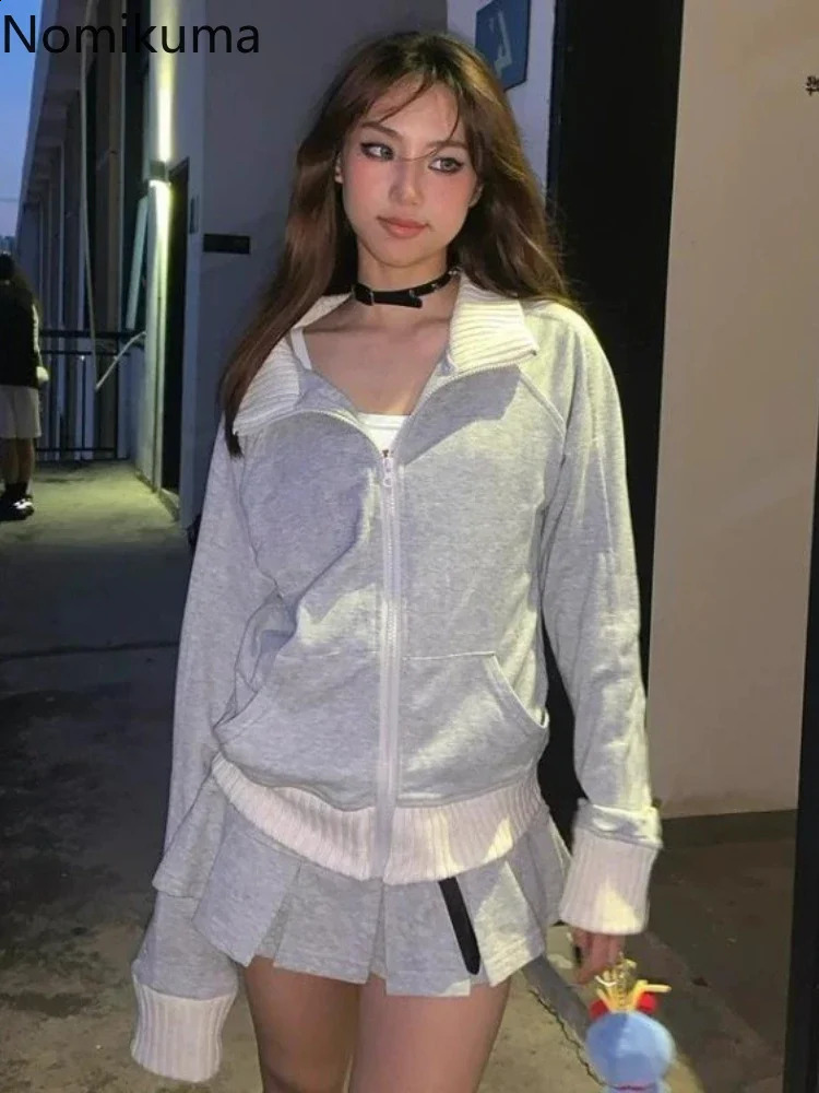 Patchwork Knit Stand Neck Hoodie Womens Clothing Casual Fashion Zipper Outwear Y2k Tops Solid Color Vintage Sweatshirts Jackets 240812