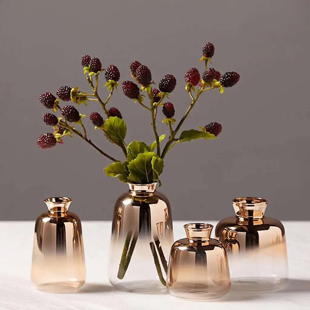 Decorative Glass Flower Gold Bottle Transparent Pot Planter Tabletop Vase for Home Garden Wedding Office Decoration 240812 - view 6
