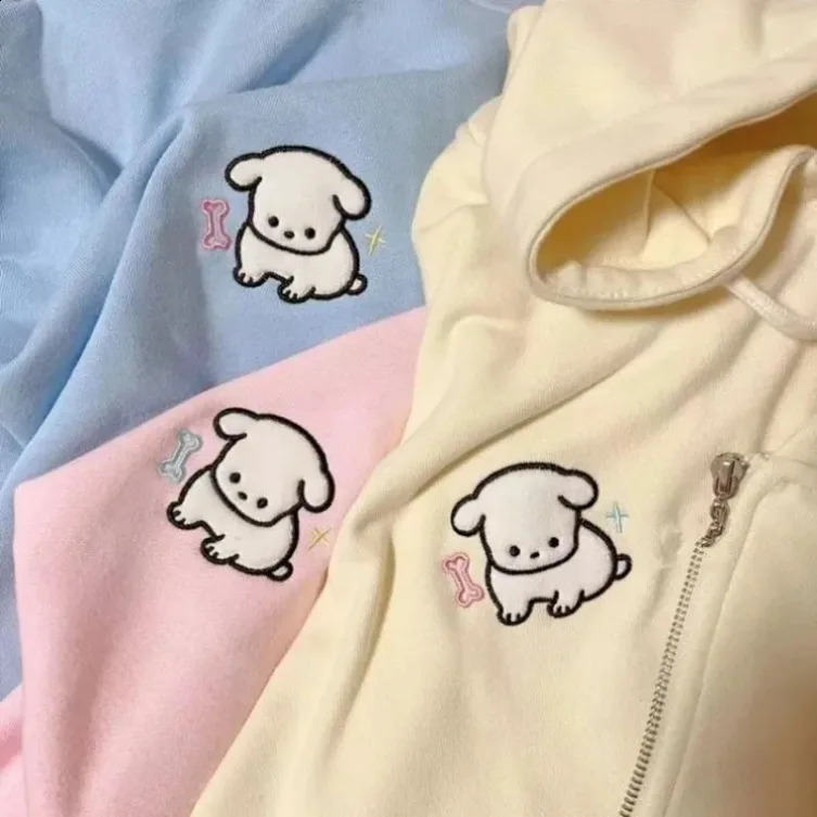 Japanese Kawaii Zip Up Hoodies Women Sweet Girl Star Graphics Embroidery Hooded Sweatshirts Kpop Cute Casual Top Female 240812