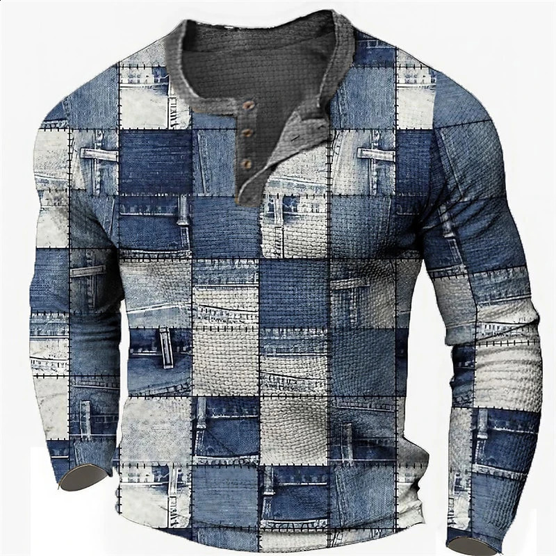 Patchwork Denim Vintage T-Shirt For Men Patchwork Grid Graphic T Shirts 3D Printing Long Sleeve Tee Oversized Man Clothing Tops 240812