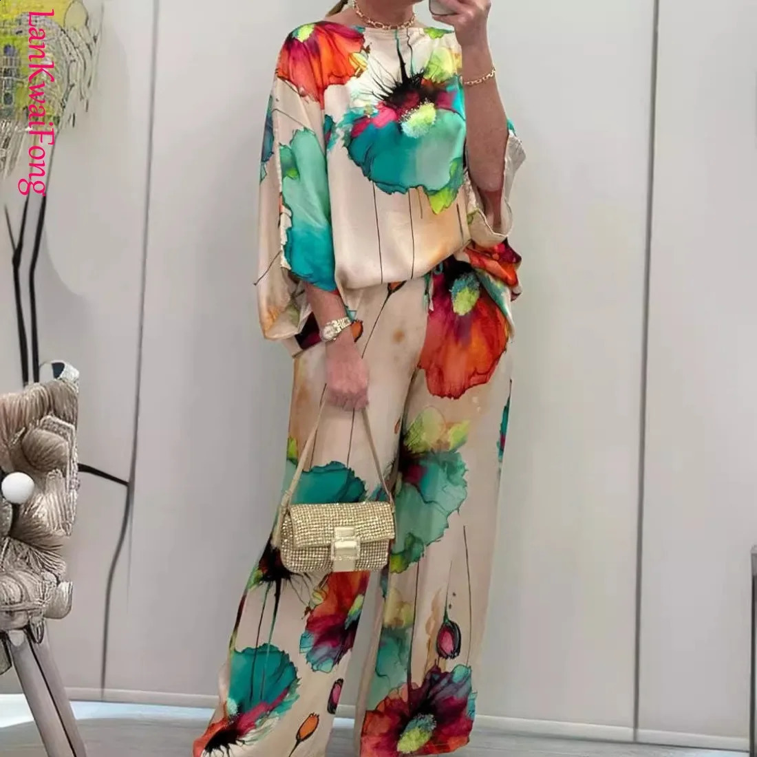 LKF 2024 Autumn Urban Elegant Womens Set Satin Loose Print Bat Sleeves Drawstring Wide Leg Pants Two Piece Set Wholesale 240813