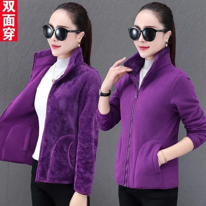 Hoodie Two-Sided Wool Fleece Womens Polar Fleece Coat Autumn Winter Add Velvet Thickening Keep Warm Double-Sided Penetration 240812