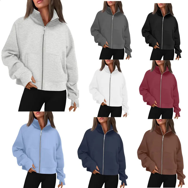 Autumn Winter Fashion Women Cotton Fleece Long Sleeves Thumb Hole Zipper Short Stand-Up Collar Thick Cardigan Sports Hoodie 240812