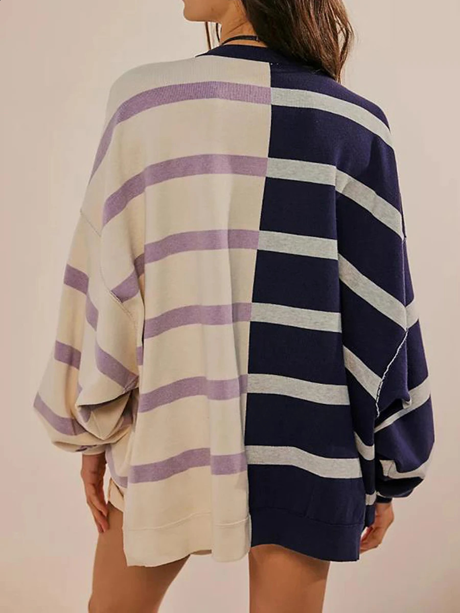 Womens autumn oversized zipper striped printed patch long sleeved round neck sweater top 240812