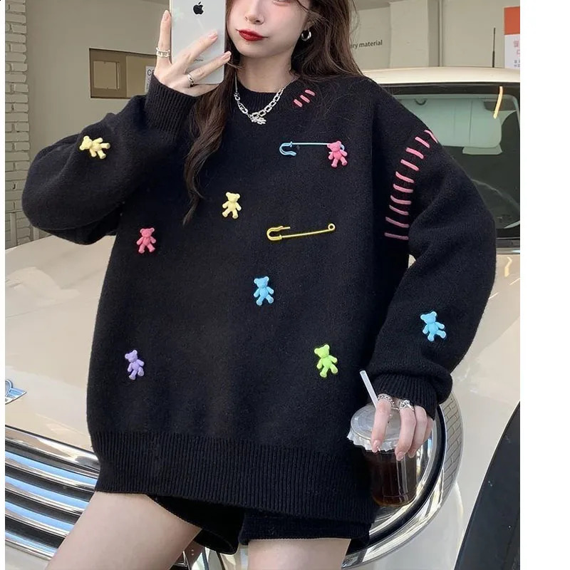 Autumn Winter Womens Versatile Pullovers Crew Neck Little Bear Embroidery Loose Sweaters Fashion Casual Long Sleeve Tops 240812