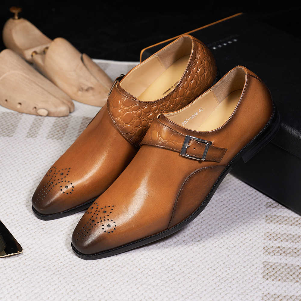 CMM Mens Leather Shoes Genuine Leather Autumn Business Dress Leather Shoes Mens British Style Handmade Leather Mengke Shoes Monk Shoes