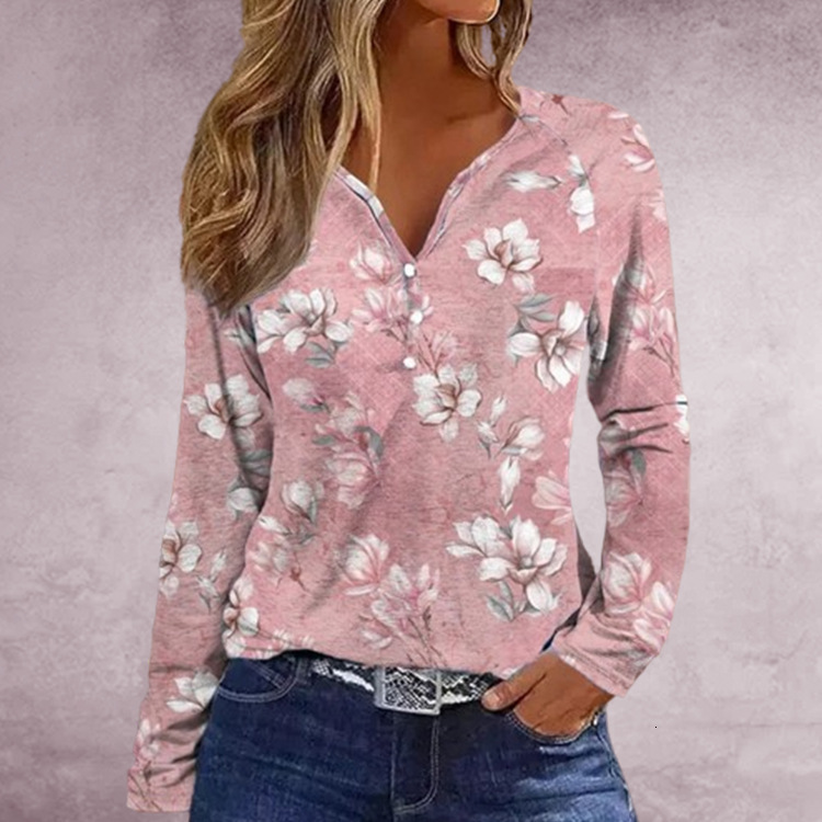 Women's Spring and Autumn Printed Shirt V-neck Long sleeved Top for Women