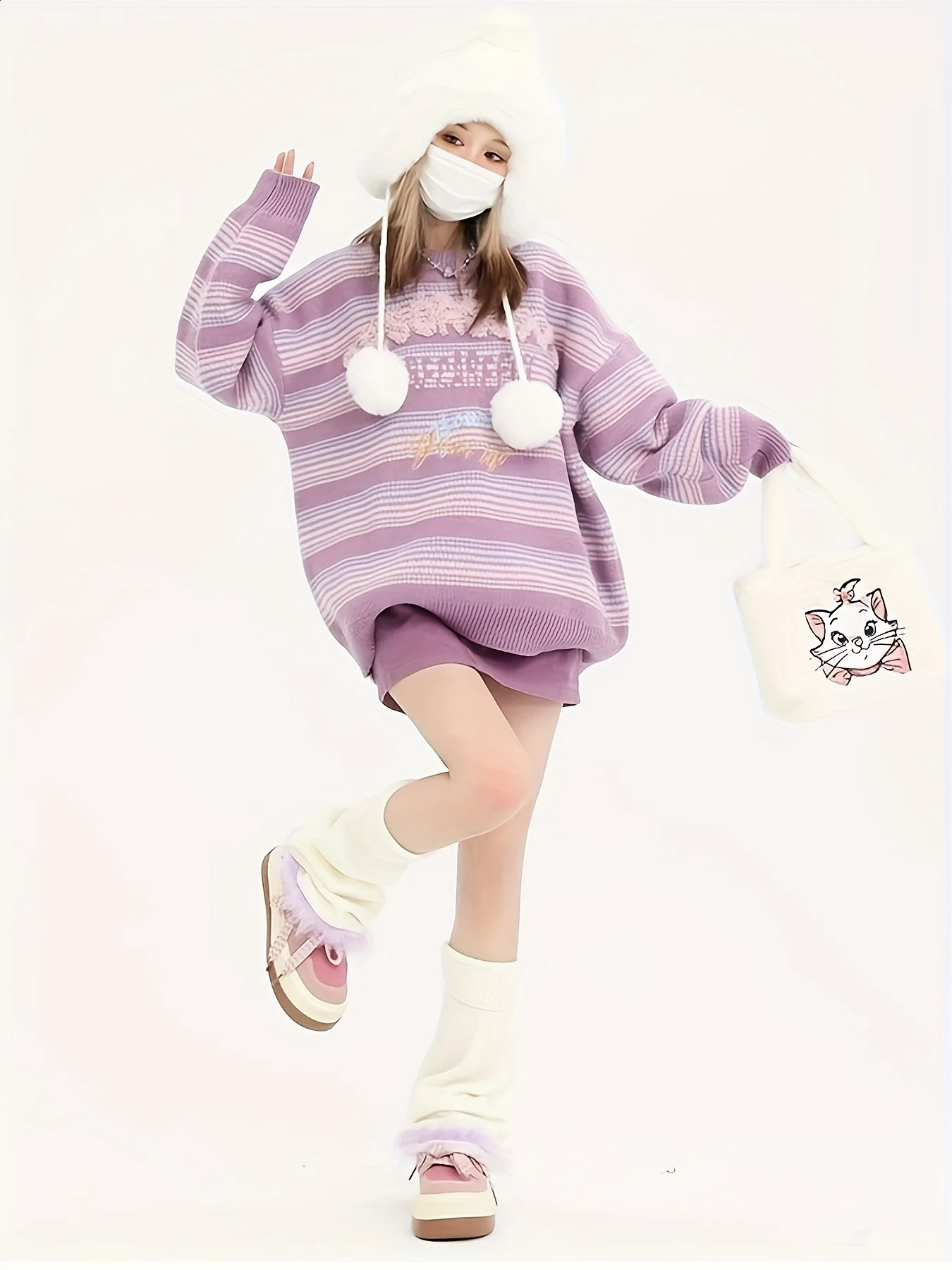 Womens Kawaii Preppy Style Contrast Letter Embroidered Striped Knit Pullover Sweaters Winter Outwear 240812
