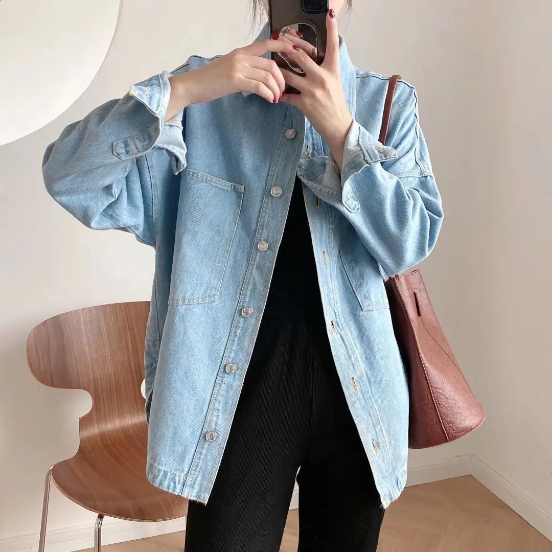 Leisure washed denim shirt 2024 spring product womens clothing urban casual washed denim top 240812