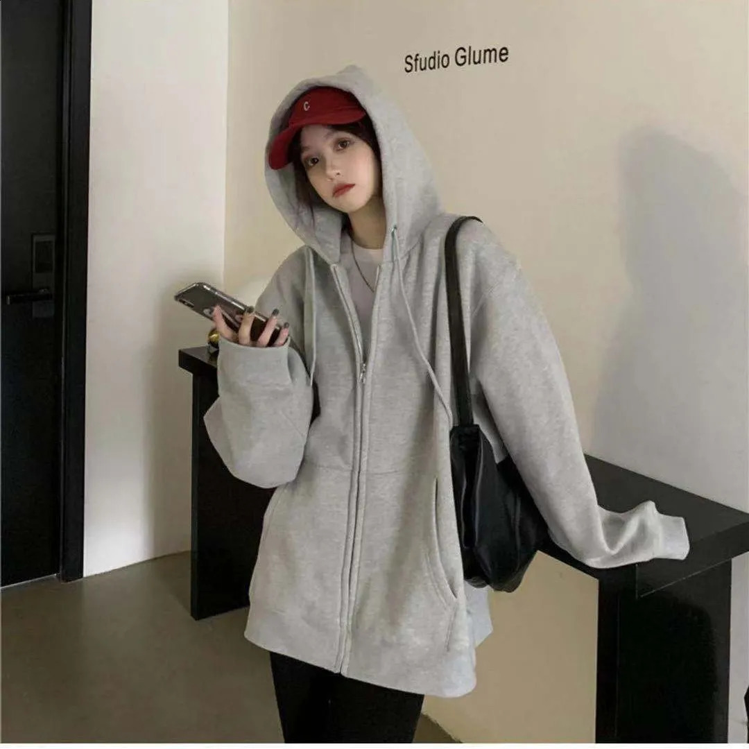 Women Hoodies Solid Color Zip Up Pocket Loose Harajuku Korean Sweatshirts Female Long Sleeve Hooded Streetwear Casual Tops 240812