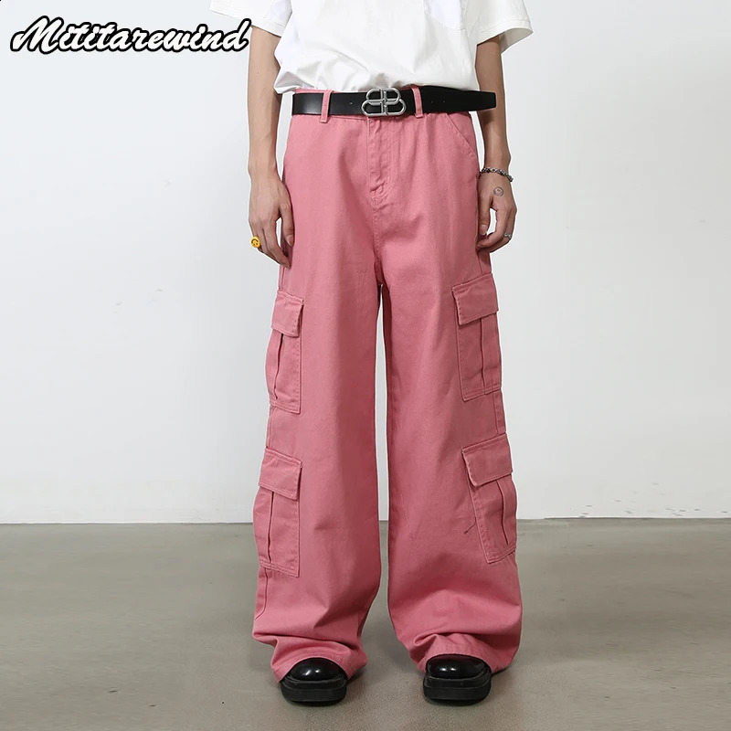 Hip Hop Street Clothing Product Pants Mens High Wide Leg Full Length Middle Waist Straight Multi Pocket Pink Trouser 240812