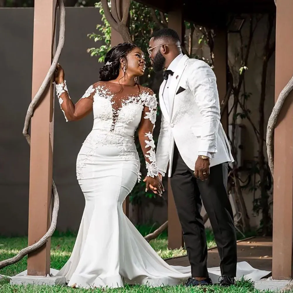 Africa Dubai White Floral Appliques Fish Bridal Gowns Plus Size Sheer Nude Tulle Long Sleeves Satin Mermaid Wedding Dresses Plus Size