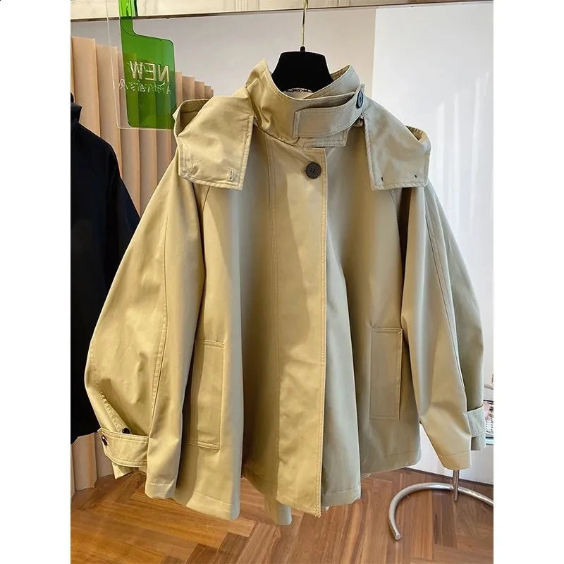 2024 Spring and Autumn Highgrade Fashion Cloakstyle Loose Casual Zipper Hooded Longsleeved Windbreaker Coat Woman 240812