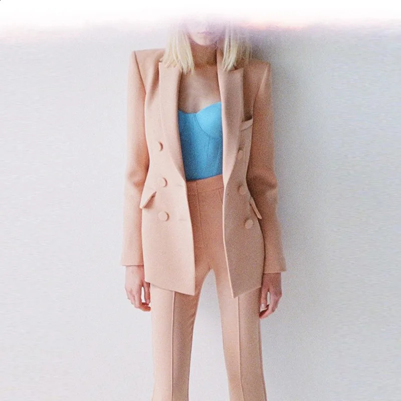 Brown khaki pantyhose womens double chest slim fit office suit business jacket flash pants set twopiece 240812