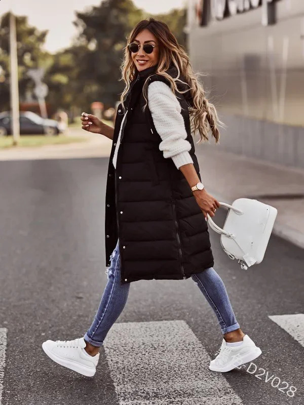 2024 Spring Womens Long Parkas Hooded Sleeveless Pockets Coat Female Trendy Winter Warm Fashion Casual Waistcoat Clothing Lady 240813