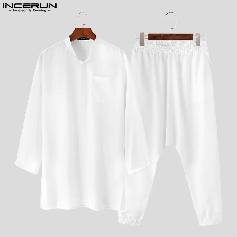 Casual Simple Style Suit INCERUN Mens Suit Solid Short Sleeve Side Slit Medium Length Robe Trousers Muslim Two-piece Sets S-5XL 240813