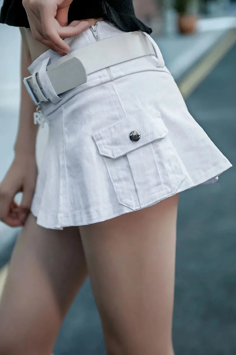JMPRS Ins Harajuku Low Waist Mini Pant Skirt with Belt Women Sexy Black Sashes Denim Skirts Female Punk Grunge Clubwear Mujer 240812