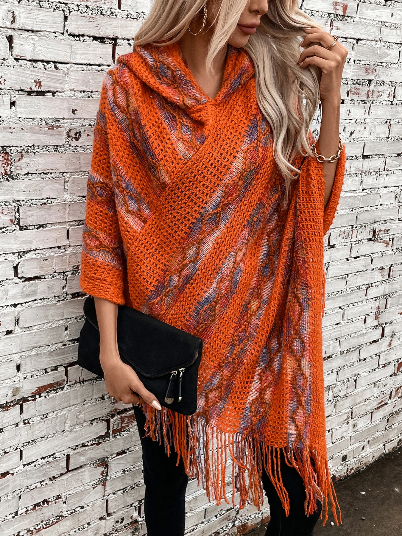 contrasting color hooded knitted tassel long womens cape jacket for autumn and winter 240813