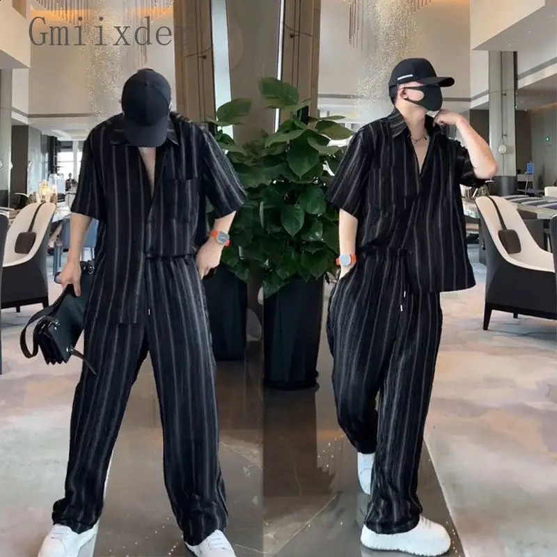 Gmiixder unisex striped shirt set for mens summer loose ironless shirtcasual pants twopiece sports 240812