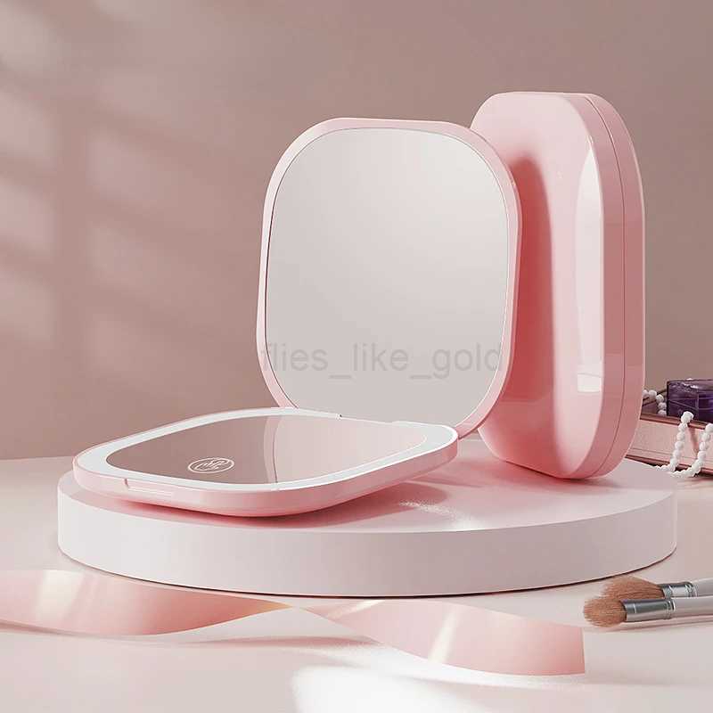 Mini LED illuminated makeup mirror round portable foldable compact mirror with light USB handheld makeup magnifying glass W240813