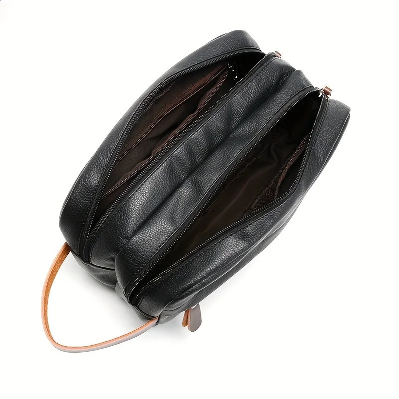 Black retro mens handbag portable travel toilet storage bag double zipper waterproof casual clutch bag 240812