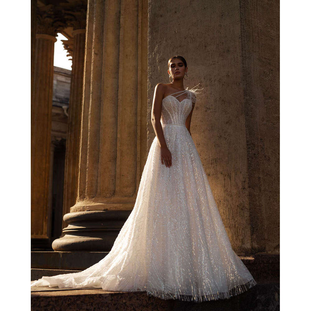 Style Simple A E Gown Wedding Dresses One Shoulder Sequins Lace Bridal Gowns Big Vestidos De Novia Custom Size Colour s