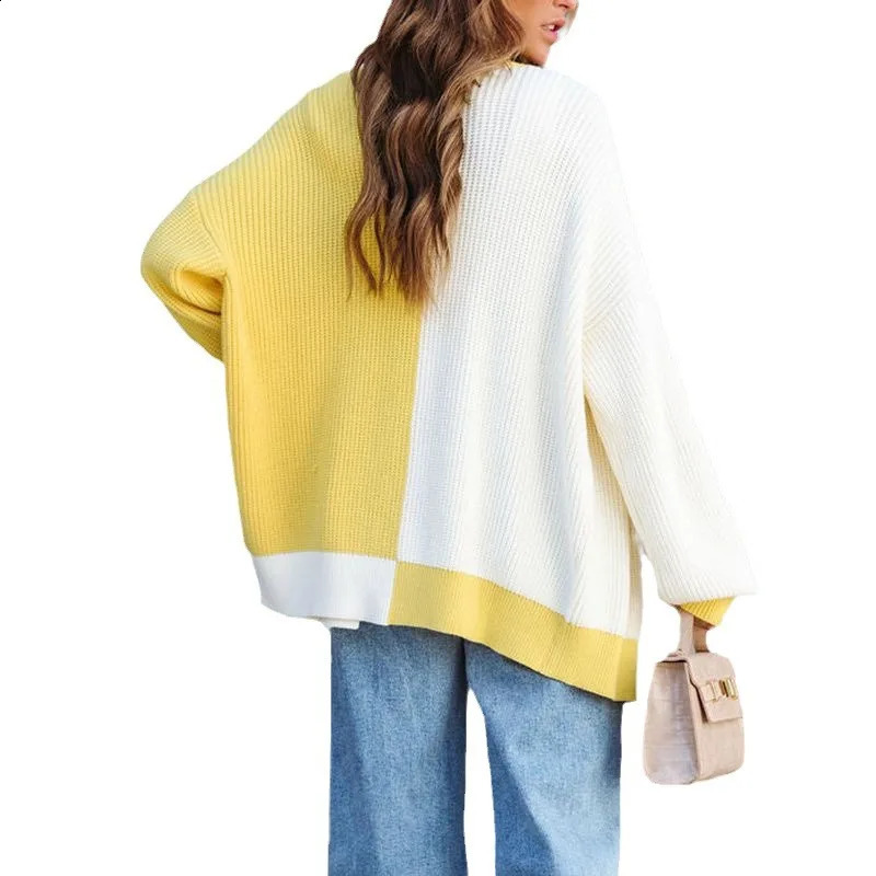 AutumnWinter Womens Sweater Open Knitted Color Blocked Loose Shawl Medium Length Jacket Casual 240812