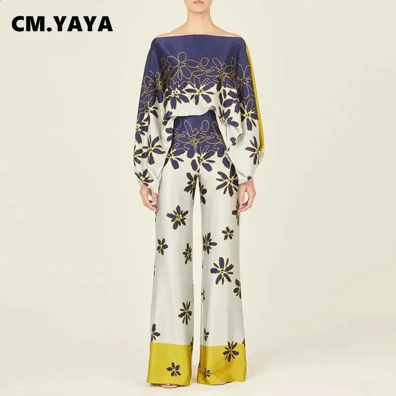 CM.YAYA Striped Satin Womens Set Off Shoulder Batwing Long Sleeve Shirt and Straight Wide Leg Pants Two 2 Piece Set Outfit 240813