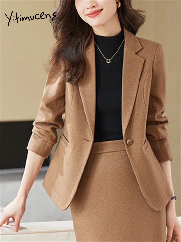 Yitimuceng Office Womens Two Piece Set Jacket Single Chest Ultra Thin Collar Solid Casual 240812