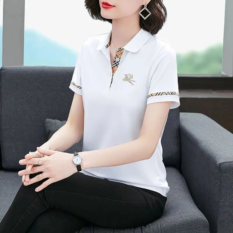 Summer Cotton Womens Short Sleeve Lapel Polo Shirt Female Casual Solid Tee Shirts slim golf polo shirts embroidery 240814