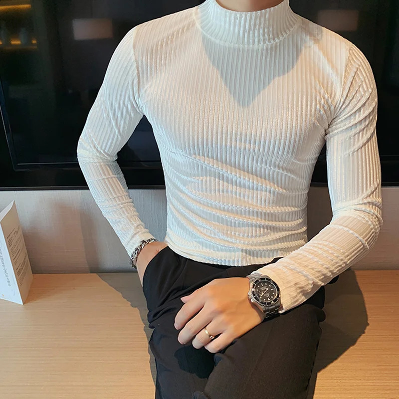 Autumn Winter Half Turtleneck Velour Under T Shirt Men Long Sleeve Casual Stripe Slim Fit Tops Tees Men Fashion Social T Shirt 240814