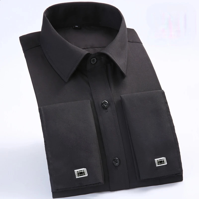 Quality Gentle Formal Mens French Cuff Dress Shirt Men Long Sleeve Solid Striped Style Mens Shirts Cufflink Include Plus Size 240814