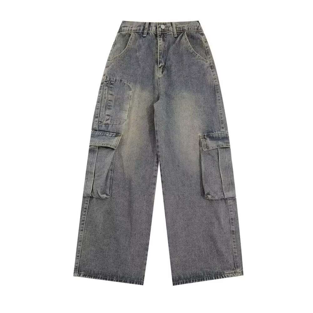 American high street workwear jeans for men, distressed loose straight wide leg multi pocket casual versatile pants