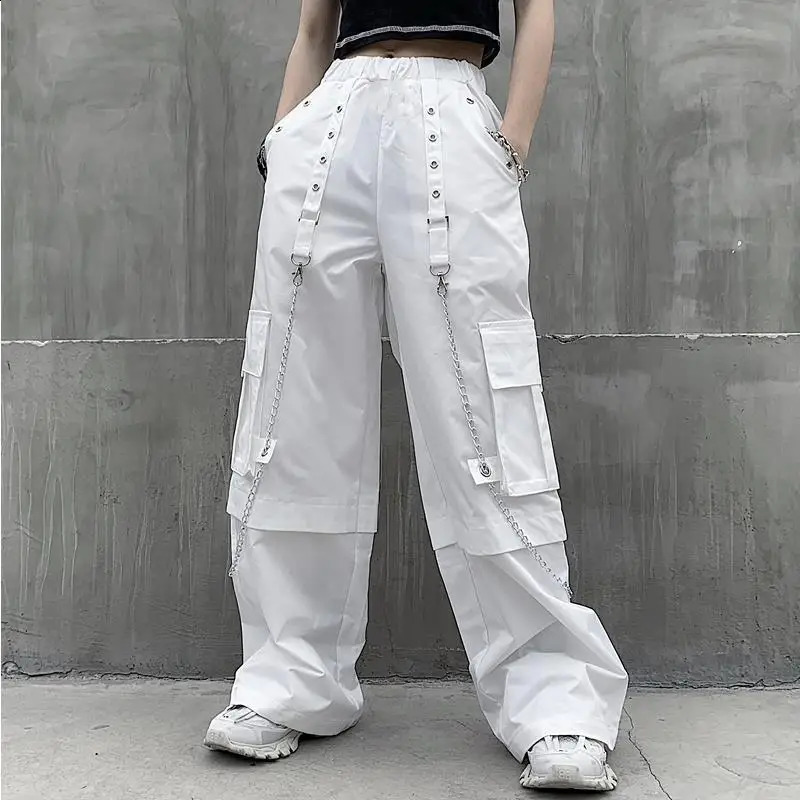 Women Trendy Vintage Casual Streetwear Pocket Cargo Pants Y2K Female High Waist White Hip Hop Loose Trousers Straight Pantalones 240814