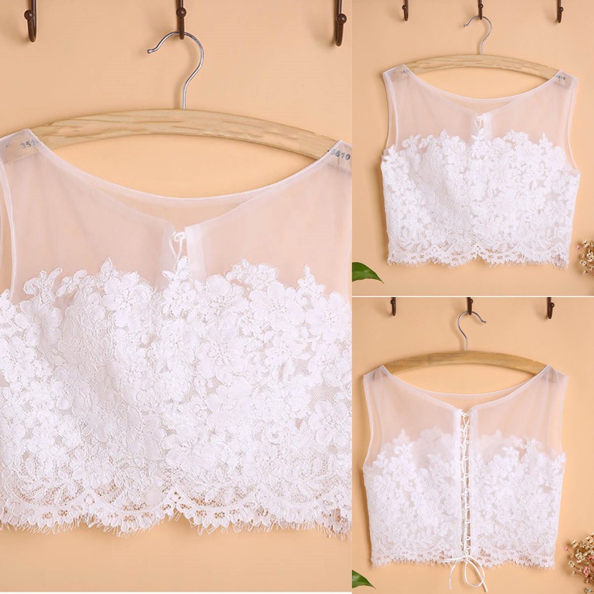 Sexy Women Wrap Jacket Lace Up Sleeveless Bride Jackets Sheer Appliques Short Bridal Cloak Formal Wedding Accessories