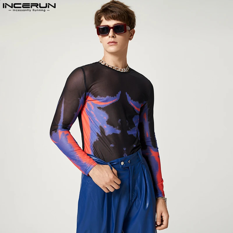 INCERUN Fashion Men T Shirt Printing O-neck Long Sleeve Mesh Transparent Streetwear Casual Camisetas Sexy Men Undershirt 240814