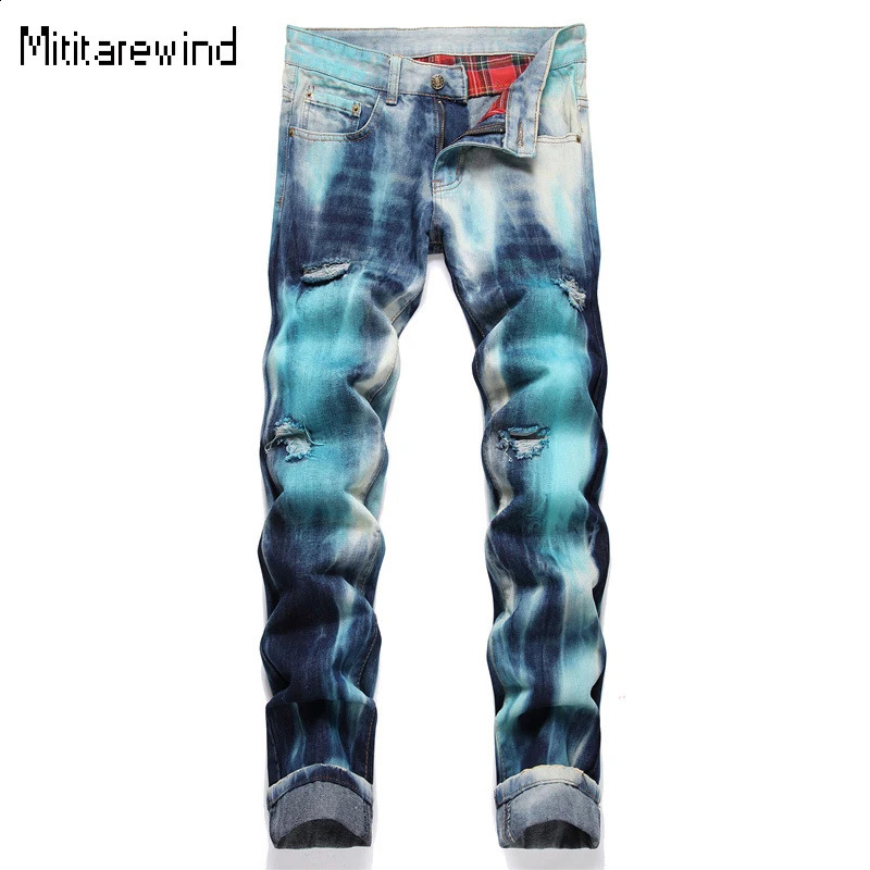 Spring Mens Jeans Punk Trend Ripped Jeans Personalized Painted Slim Straight Jeans Hip-Hop Y2k Streetwear Youth Pant 240821