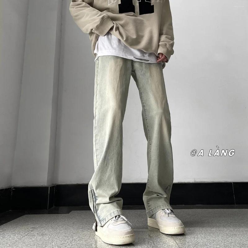Men's Jeans Vintage Wash Straight-leg Denim Spring Autumn Side Zip American Style Trendy Brand Casual Streetwear