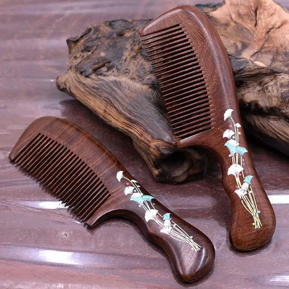 Natural hawthorn comb anti-static density fine tooth butterfly flower lacquer wood comb head massager hair comb styling tool W240813
