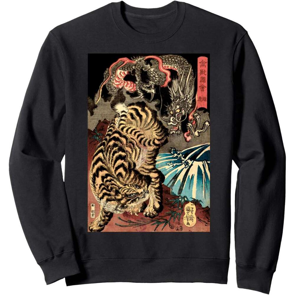 Long Sleeve Shirts For Men Sweatshirt Retro Vintage Dragon Fighting The Giant Tiger Japanese Sweatshirt Graphic Tee Streetwear Casual Tops sweatshirts