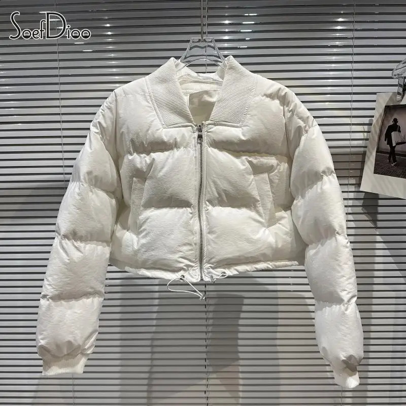 Soefdioo Casual Solid Ribbed V-Neck Zip-Up Padded Jackets Women Winter Streetwear Fashion Keep Warm Short Parkas Down Coat 240813