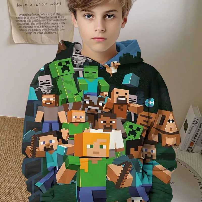 2024 Kids Clothes Cartoon Gaming Print Hoodie Kids Casual Pullover Cool Hip Hop Boy Sports Tops Building Blocks Graphic ClothingY240814