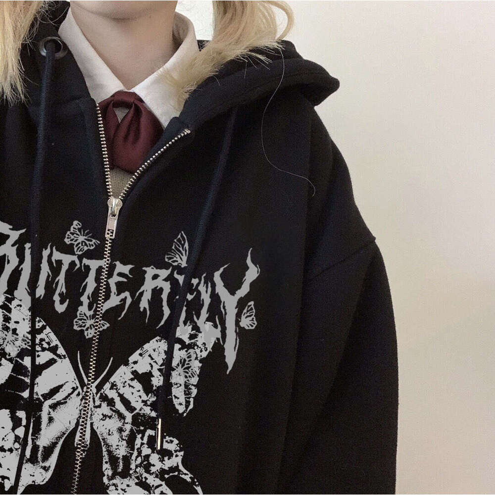 Loose 90s Long Sleeved Women Zipper Sweatshirt Y2K Hip Hop Style Punk Gothic Zip Hoodie Female Plus Size Jacket Coast