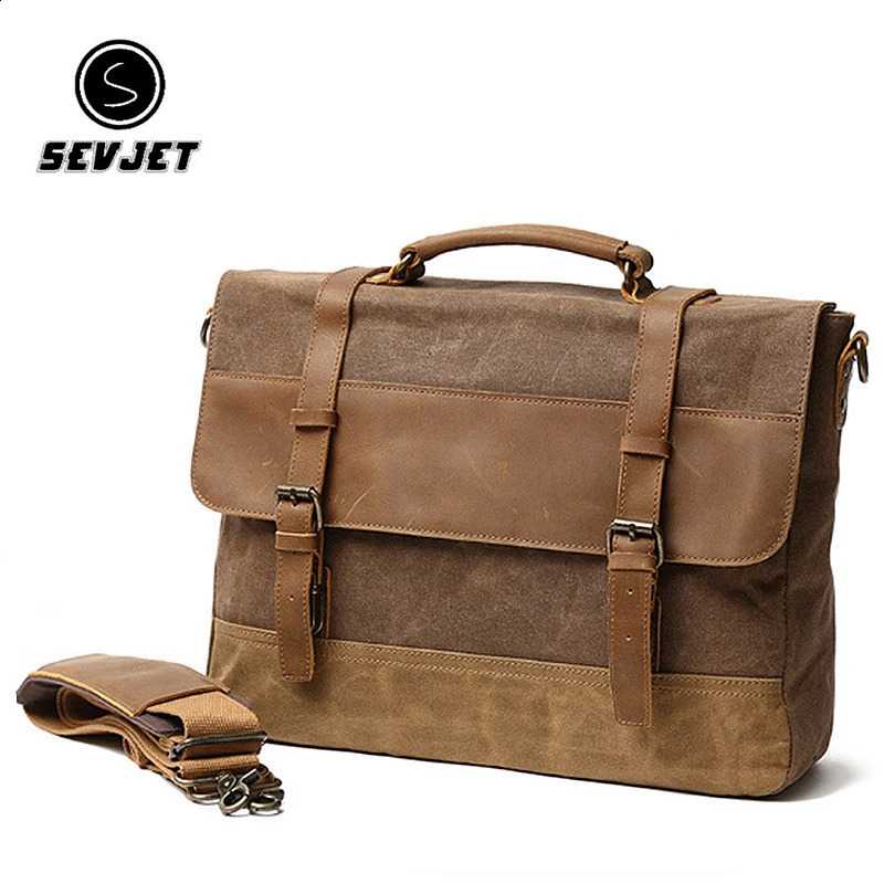 Genuine Leather Men Canvas Briefcase Casual Shoulder Crossbody Bag Laptop Handbags For Male Vintage Travel Messenger Tote JYE270 240813