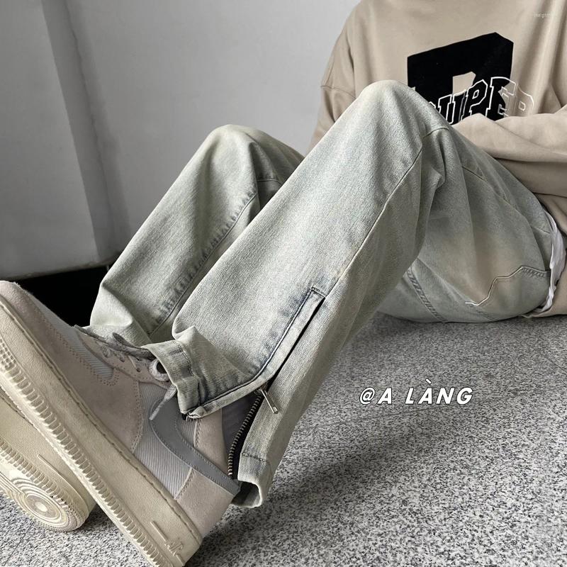Men's Jeans Vintage Wash Straight-leg Denim Spring Autumn Side Zip American Style Trendy Brand Casual Streetwear