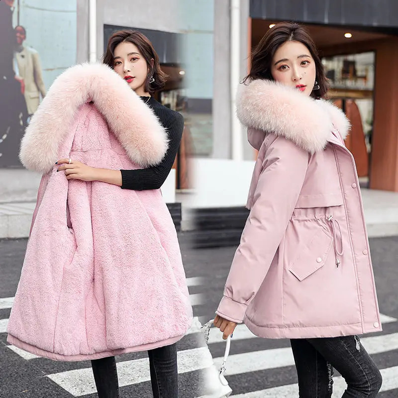 Women Parka Fashion Long Coat Plush Lining Hooded Parkas Winter Jacket Slim With Fur Collar Warm Snow Wear Padded Clothes 240813