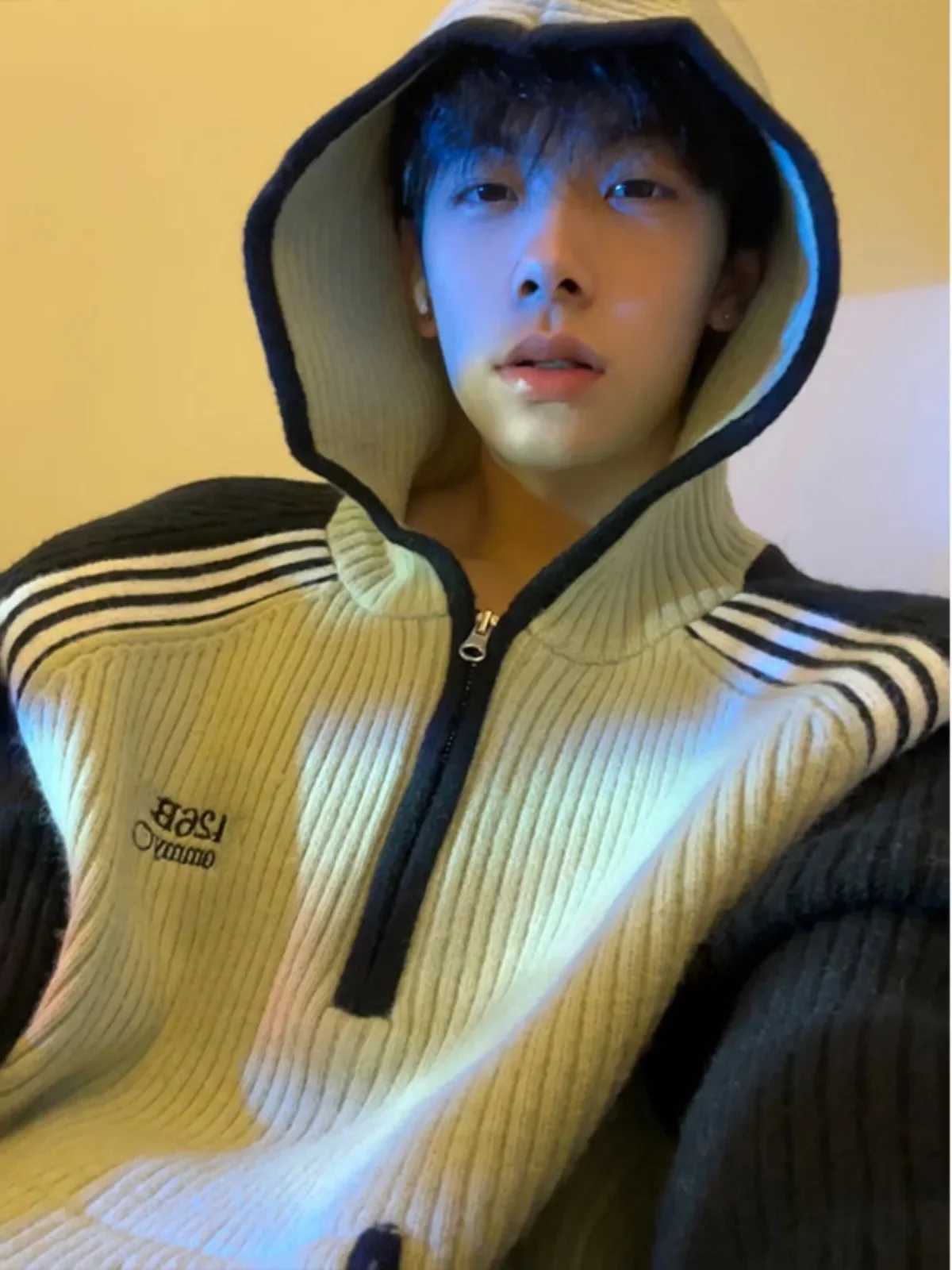 Mens half zip sweater loose knit top casual style retro Japanese design color blocking idle mode wool jacketW240729