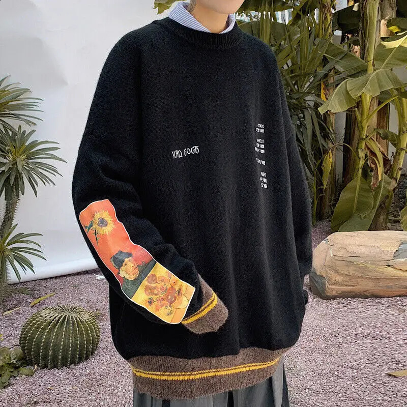 Men Sweater Pullover Print Van Gogh Embroidery Knitted Sweater Long Sleeve 240821