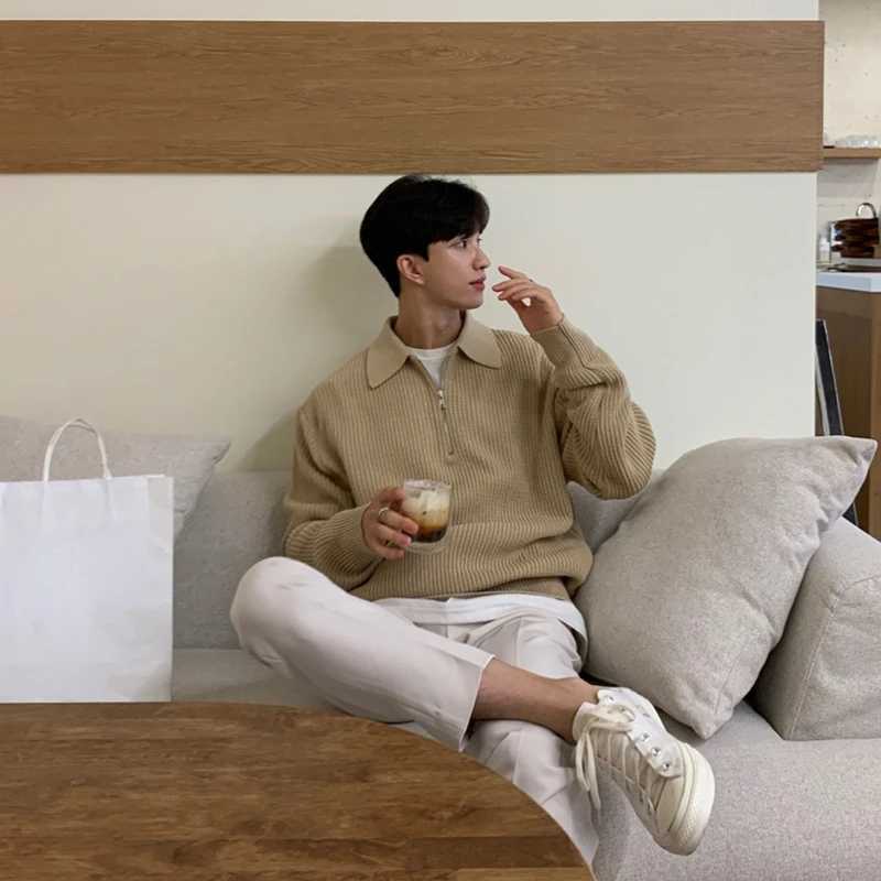Korean high-quality youth polo neck sweater mens winter thick loose half zipper sweater autumn and winter Japanese retro brandW240729